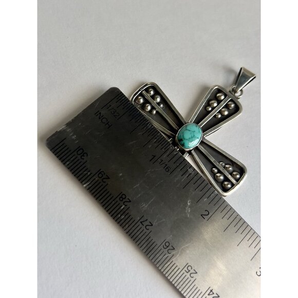 925 Sterling Silver Oxidized & Turquoise Cross Pendant - Picture 6 of 16